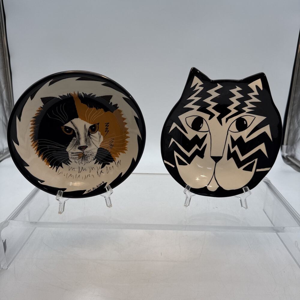 2-Cats By Nina Lyman Plates-7” Painted Art- Cat Decorative Both Different